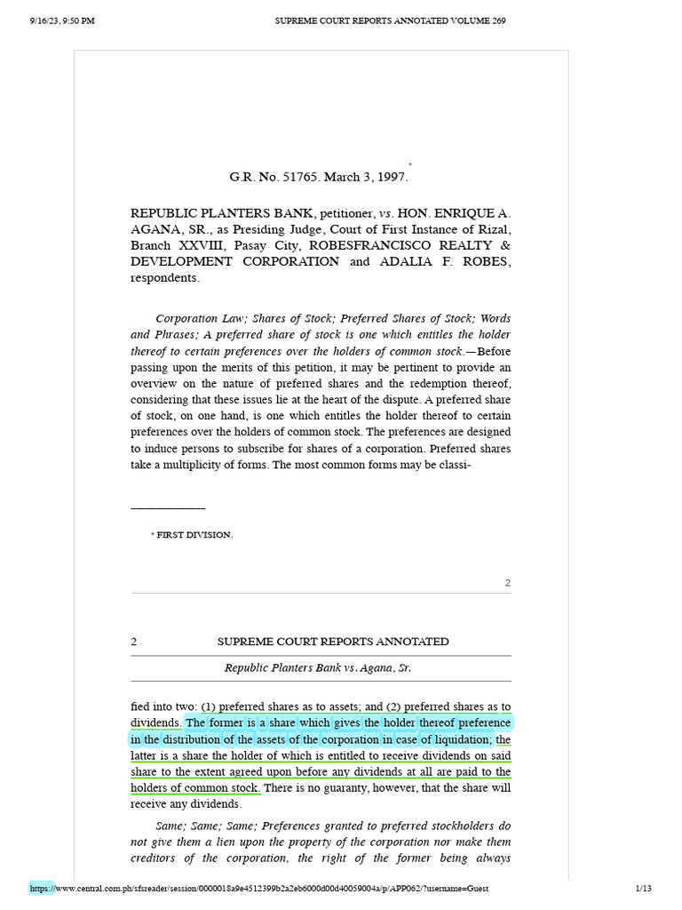 9 Republic Planters Bank V Agana 269 SCRA 1 (1997) PDF Dividend