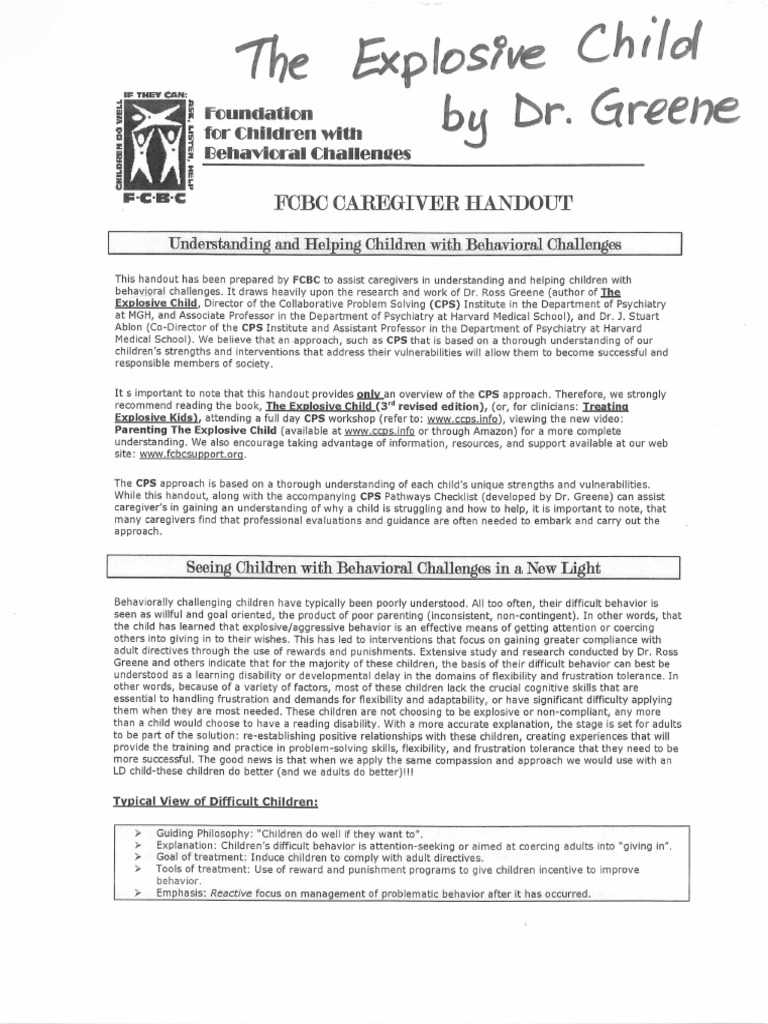 Explosive Child Handout School PDF