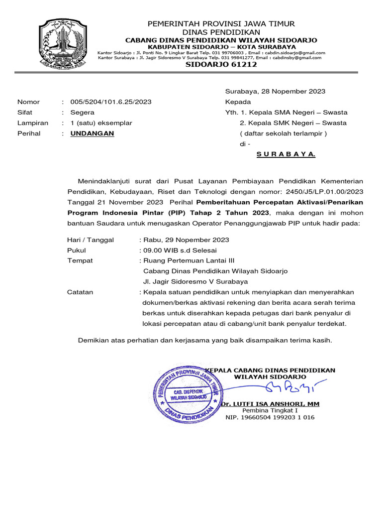 Undangan Percepatan Aktivasi Pip Tahap 2 Tahun 2023 | PDF