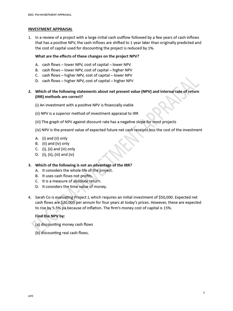 Investment AppraisalFm Acca PDF Net Present Value Capital Budgeting