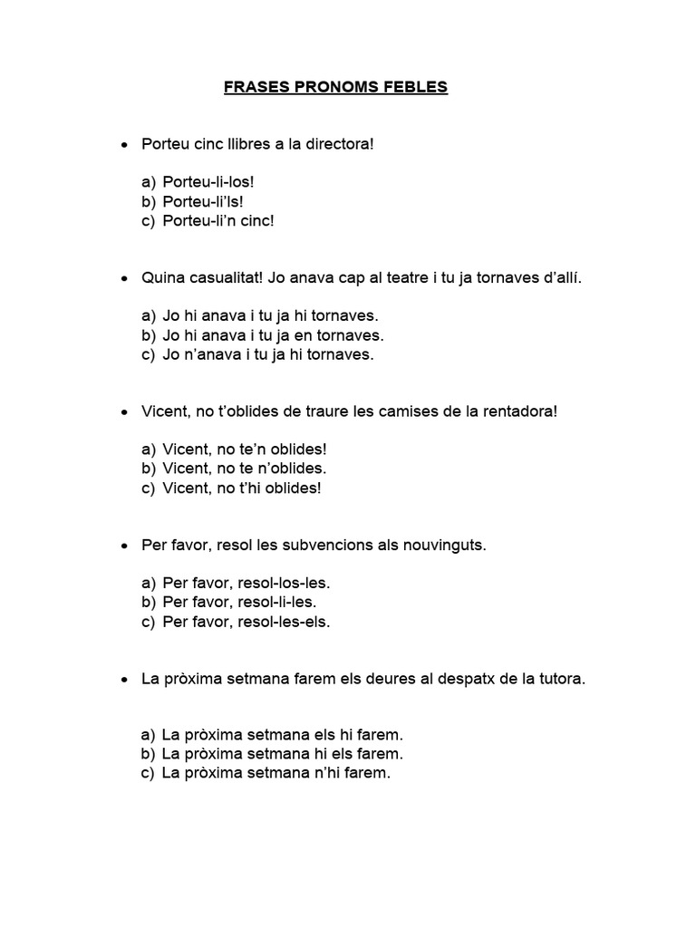 Frases Pronoms Febles Triar Opció 2 | PDF
