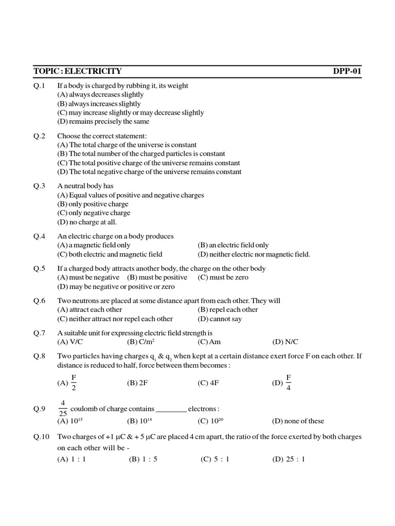 Electricity MCQ Test PDF Electric Charge Electrical Resistance