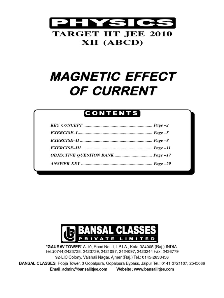 Magnetic Effects of Current for IIT JEE | PDF | Magnetic Field | Torque