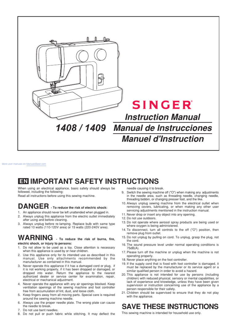 Manual Singer 1408 | PDF | Sewing Machine | Ac Power Plugs And Sockets