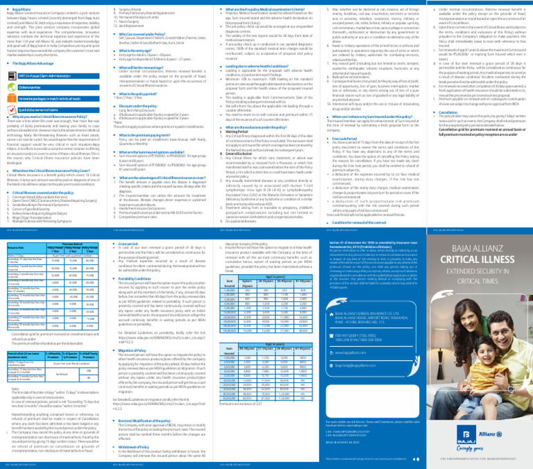 Bajaj Critical Illness Brochure Pdf Insurance Clinical Medicine