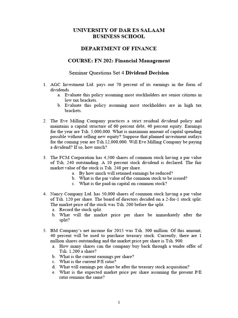 Financial Management Seminar Questions | PDF | Dividend | Stocks