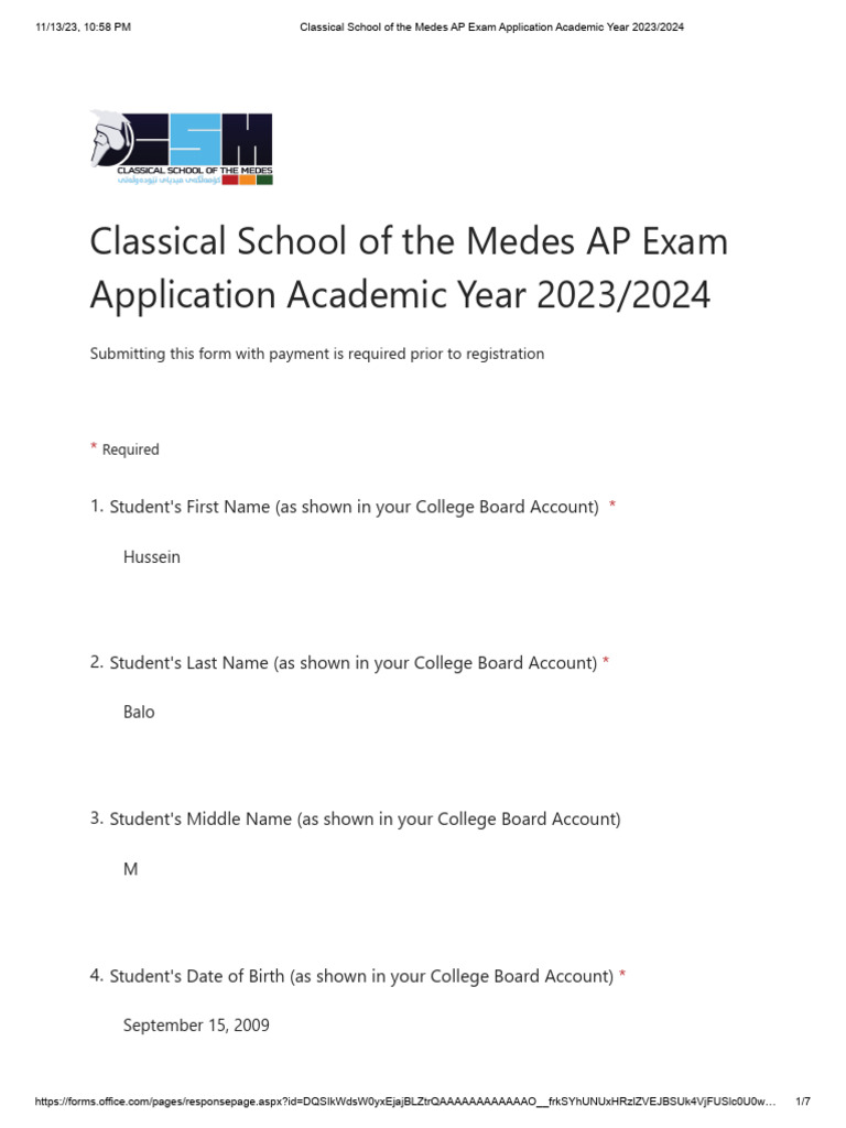 Classical School of The Medes AP Exam Application Academic Year 2023 ...