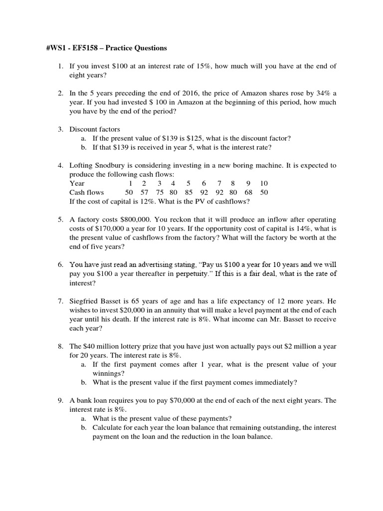 #WS1 Practice Questions | PDF | Present Value | Interest
