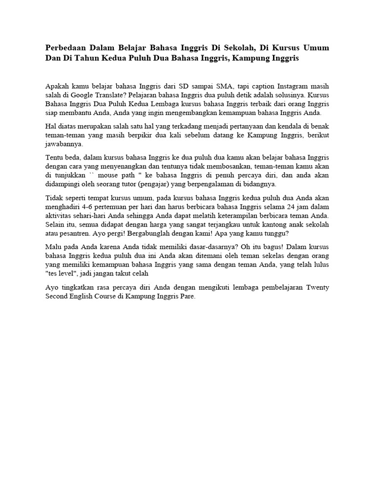 Perbedaan Belajar Bahasa Inggris Di Sekolah Di Kursusan Umum Dan Di