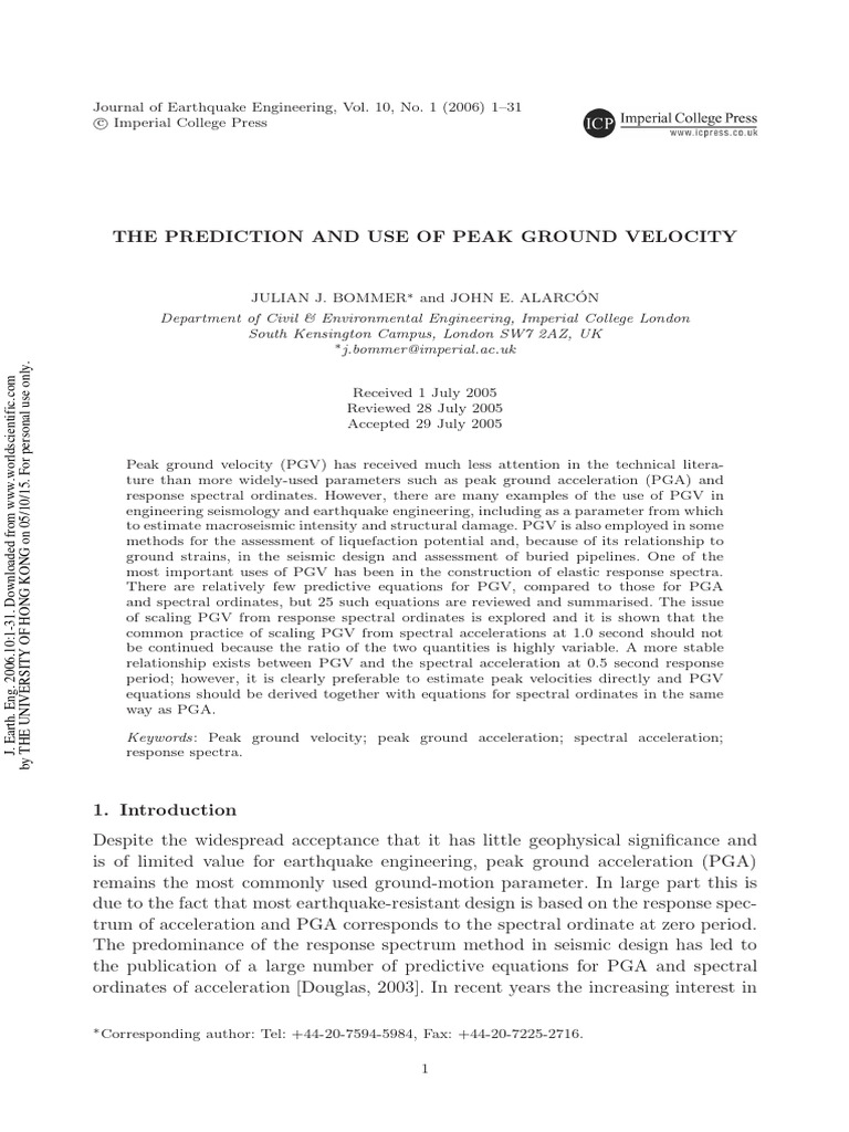 The Prediction and Use of Peak Ground Velocity | PDF | Seismology ...
