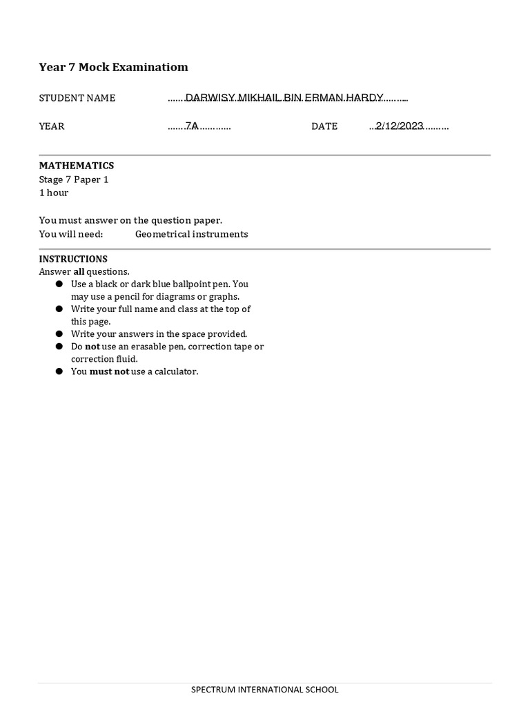 Year 7 mock examinatiom student name year date pdf mathematics