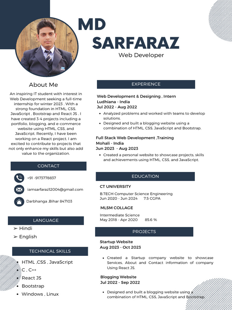 Web Developer Internship Resume | PDF | Bootstrap (Front End Framework ...