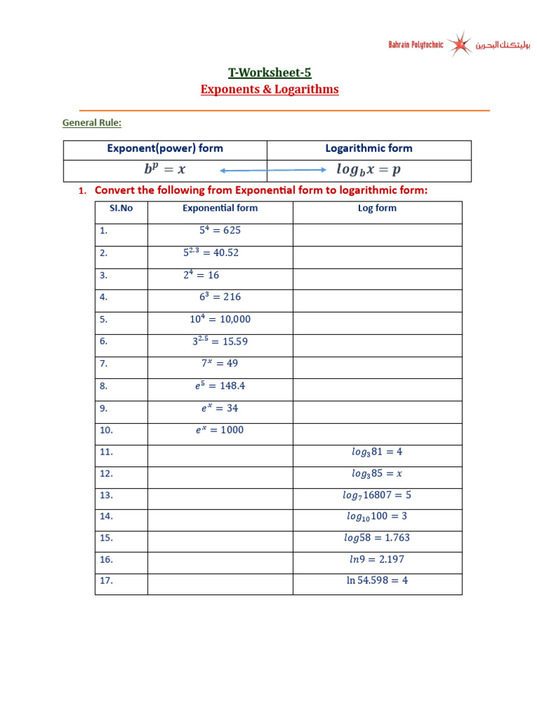 T - Worksheet-5 - Convert Between Exponents and Log (Week13) | PDF