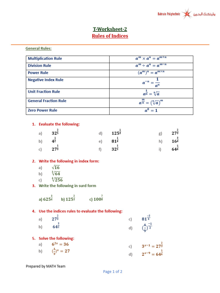 T Worksheet2 Rules of Indices (Week13) PDF Mathematics