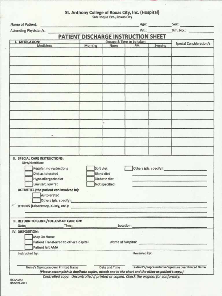 Patient Discharge Instruction Sheet 1 PDF