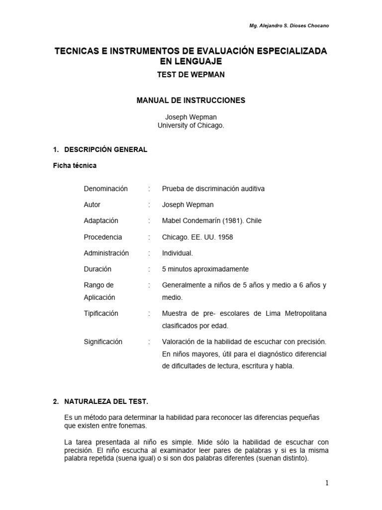 Prueba Wepman de Discriminación Auditiva | PDF | Lingüística ...