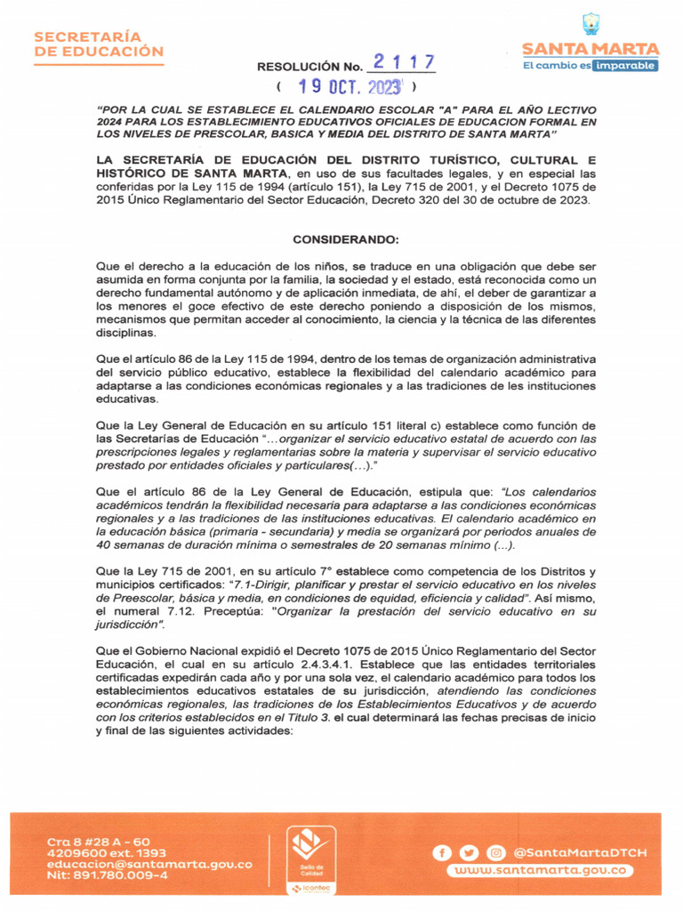 Resol. 2117 C.E. Por La Cual Se Establece El Calendario Escolar A para ...