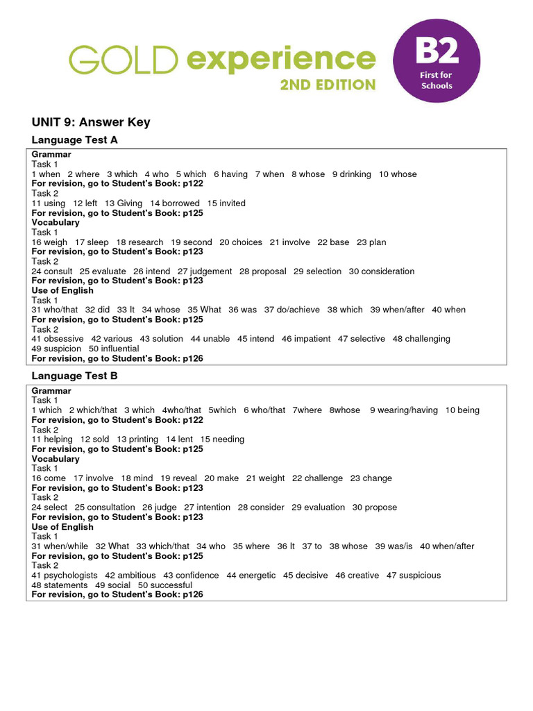 Gold Exp B2 Unit 9 Language Test AK | PDF