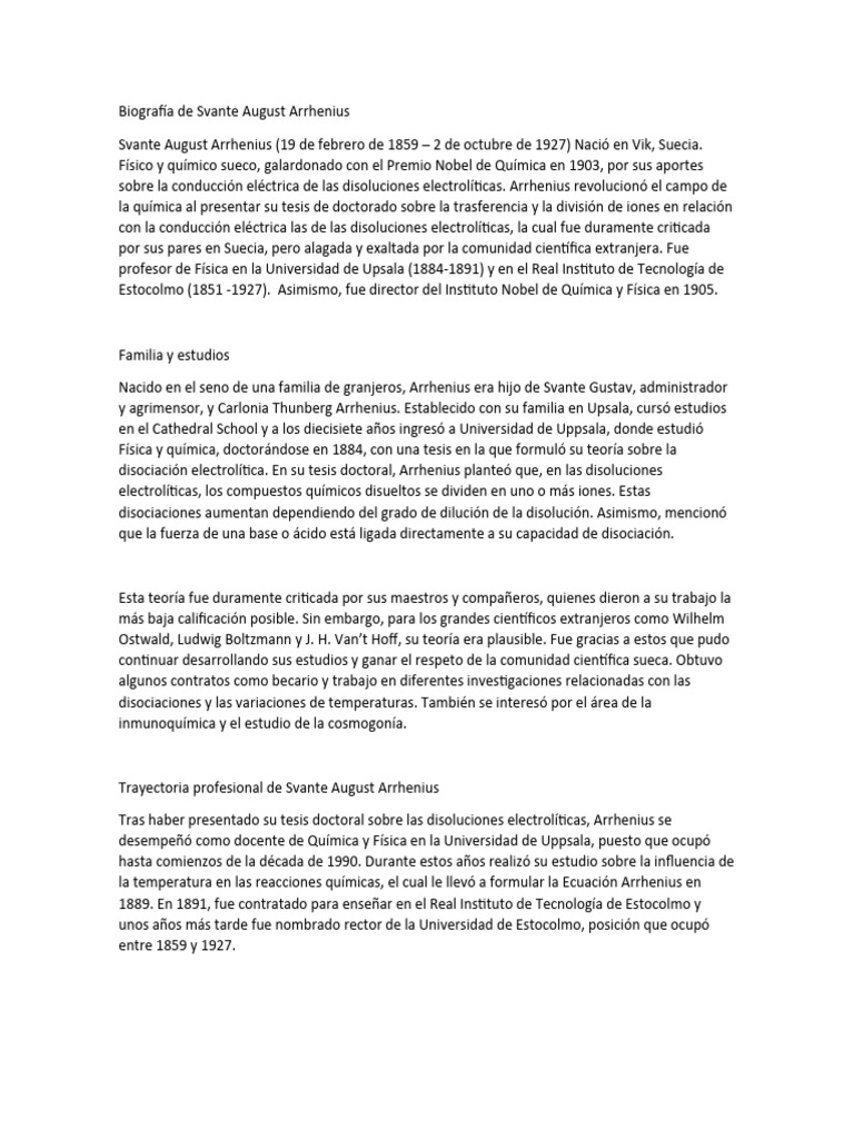 Biografía de Svante August Arrhenius | PDF | Science | Naturaleza