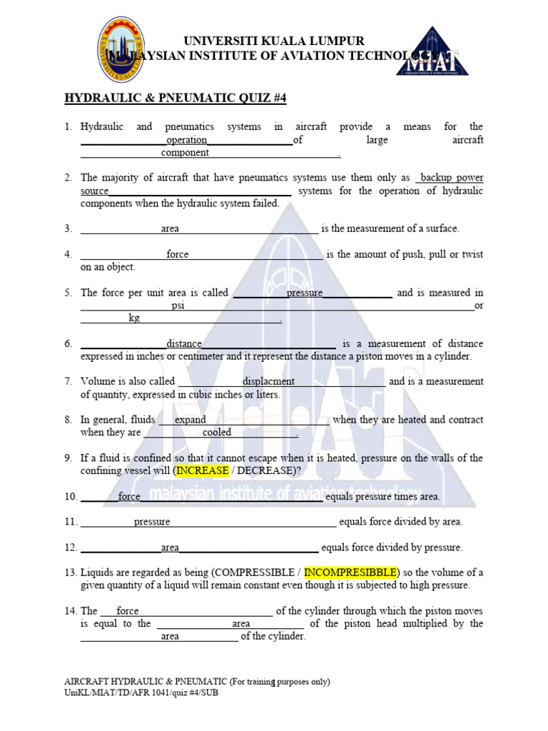 (Hydraulic Pneumatic) Quiz 4 PDF Liquids Pressure