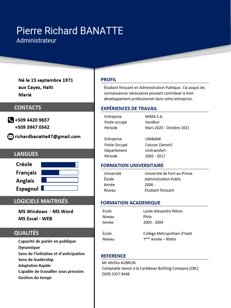 Modèle de CV Haïtien pour Administrateur | PDF