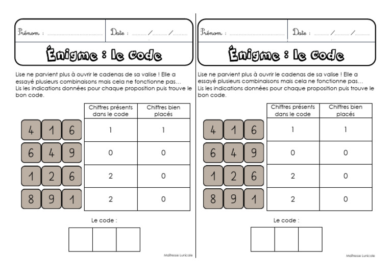 Énigme du code cadenas CE2 | PDF
