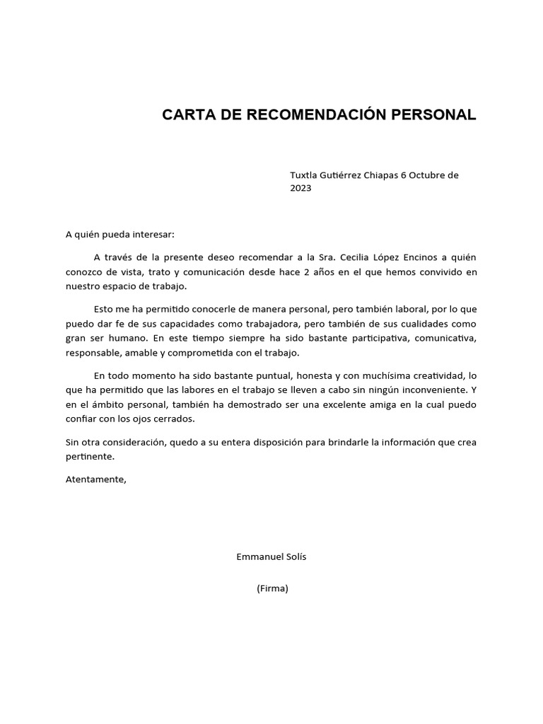 Carta de Recomendacion Personal | PDF