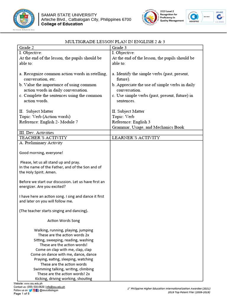 Lesson Plan in Multigrade PDF English Language Linguistics