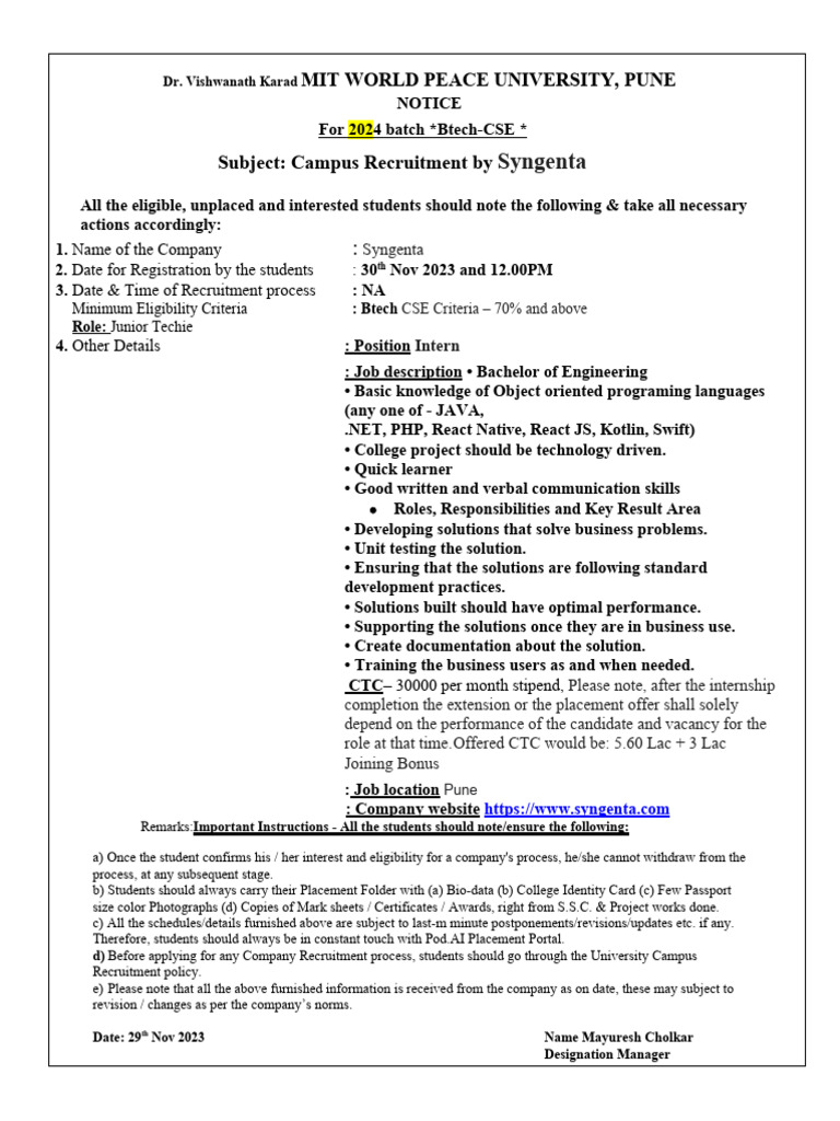 Notice Format 2024 Batch PDF Recruitment