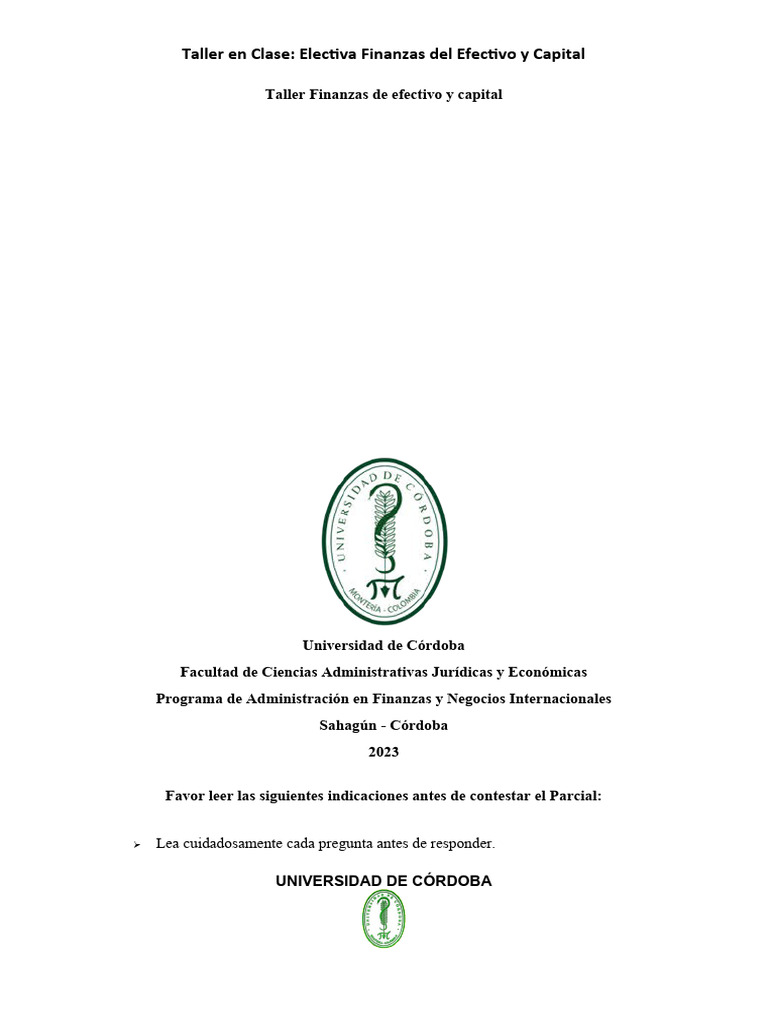 Taller Finanzas Efectivo | PDF | Dinero | Economias