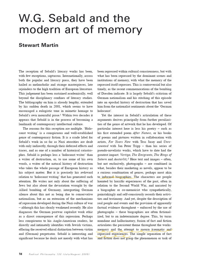 Sebald's Art of Memory and Critique | PDF | Experience | Unconscious Mind