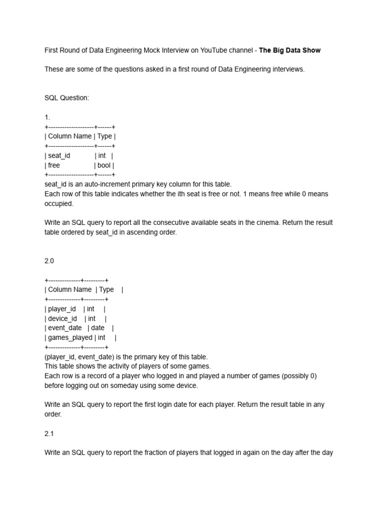 Data Engineering Interview | PDF | Teaching Methods & Materials | Computers