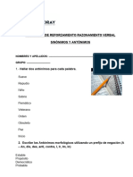 Ejercicios de Reforzamiento Razonamiento Verbal Sinònimos Y Antònimos