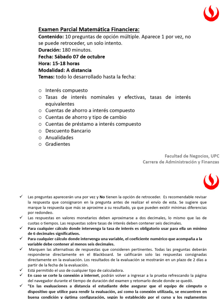 Examen Matemática Financiera UPC 2023 | PDF | Interés | Tasas de interés