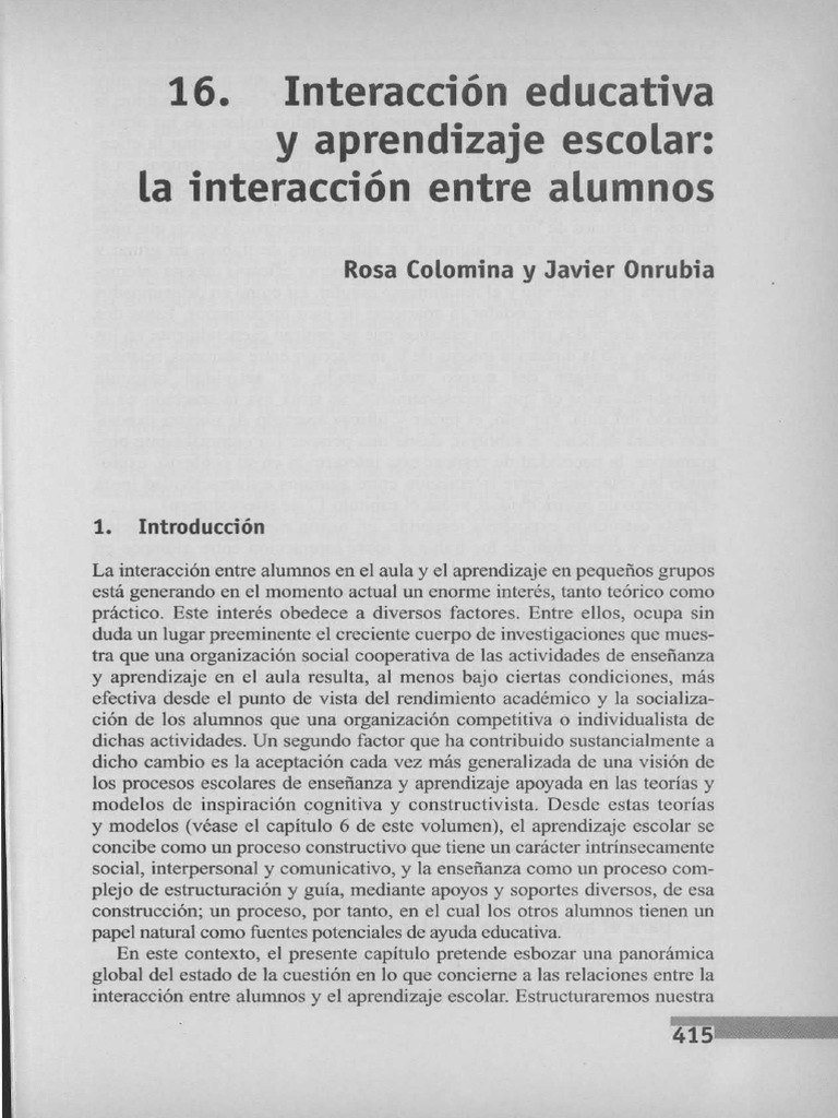 Interacción educativa y aprendizaje escolar | PDF | Aprendizaje | Salón ...