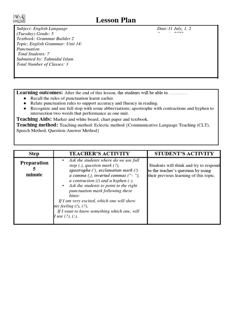Grade 5 Punctuation Lesson Plan | PDF | Punctuation | Behavior Modification