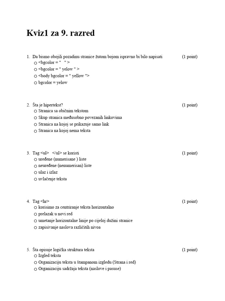 KVIZ 9.razred | PDF