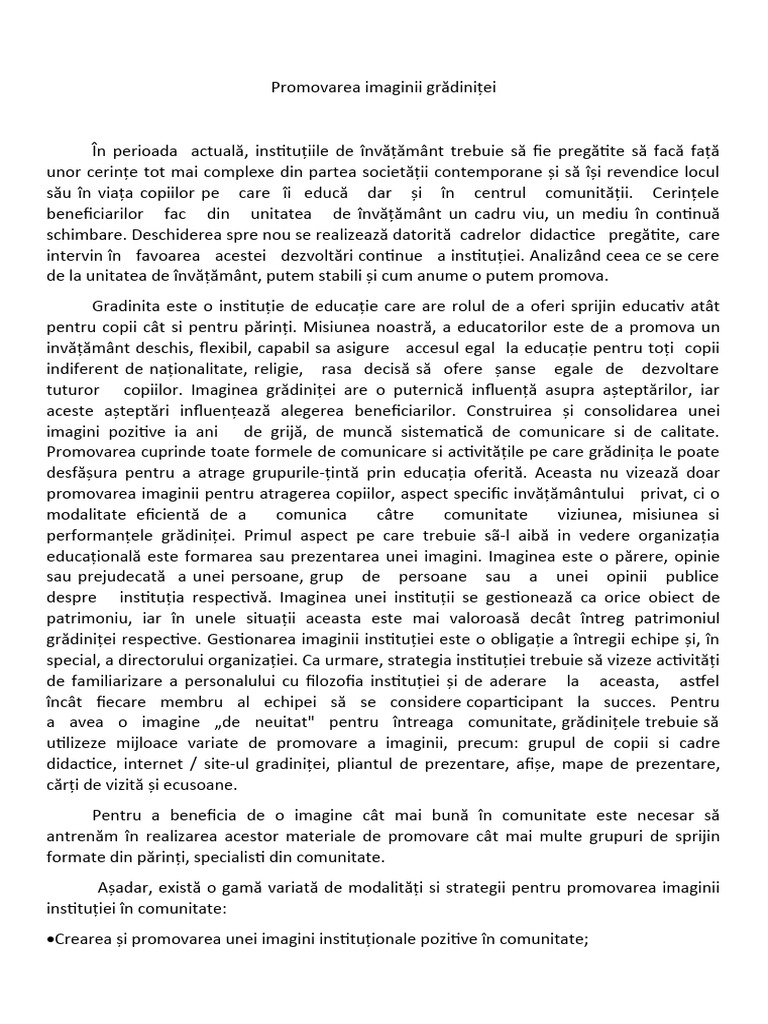 Promovarea Imaginii Gradinitei | PDF