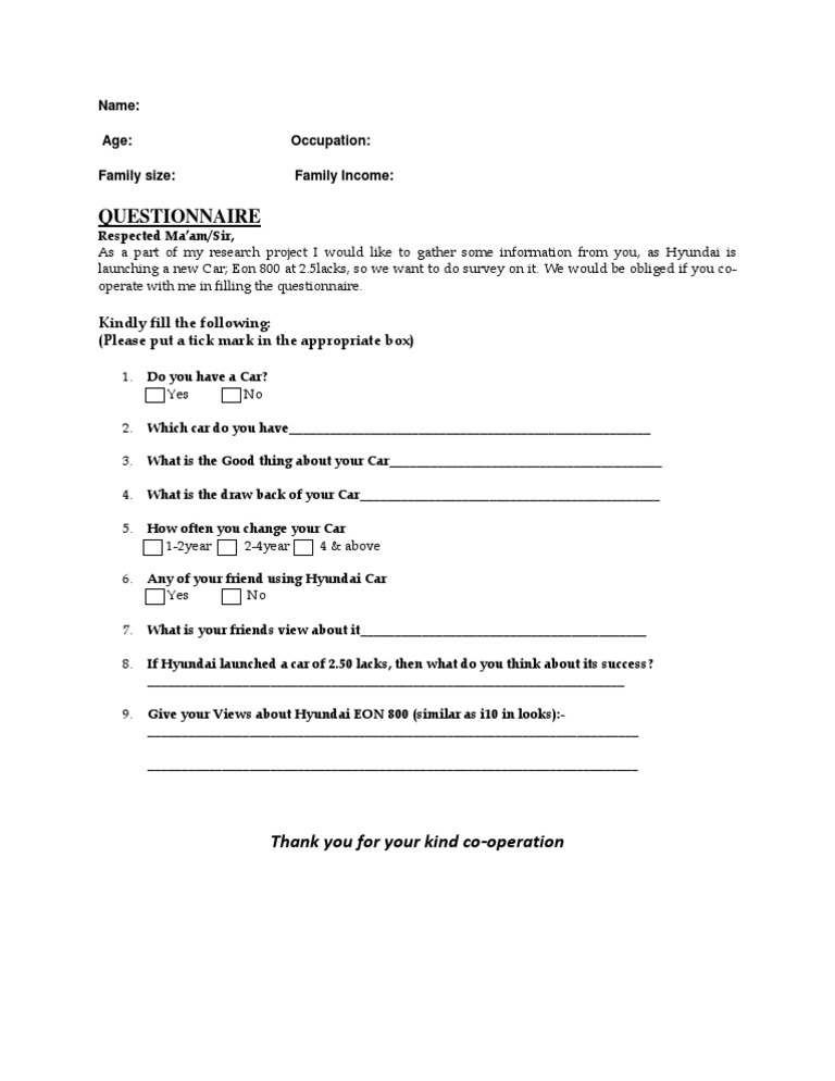 Hyundai Eon 800 Survey Questionnaire | PDF