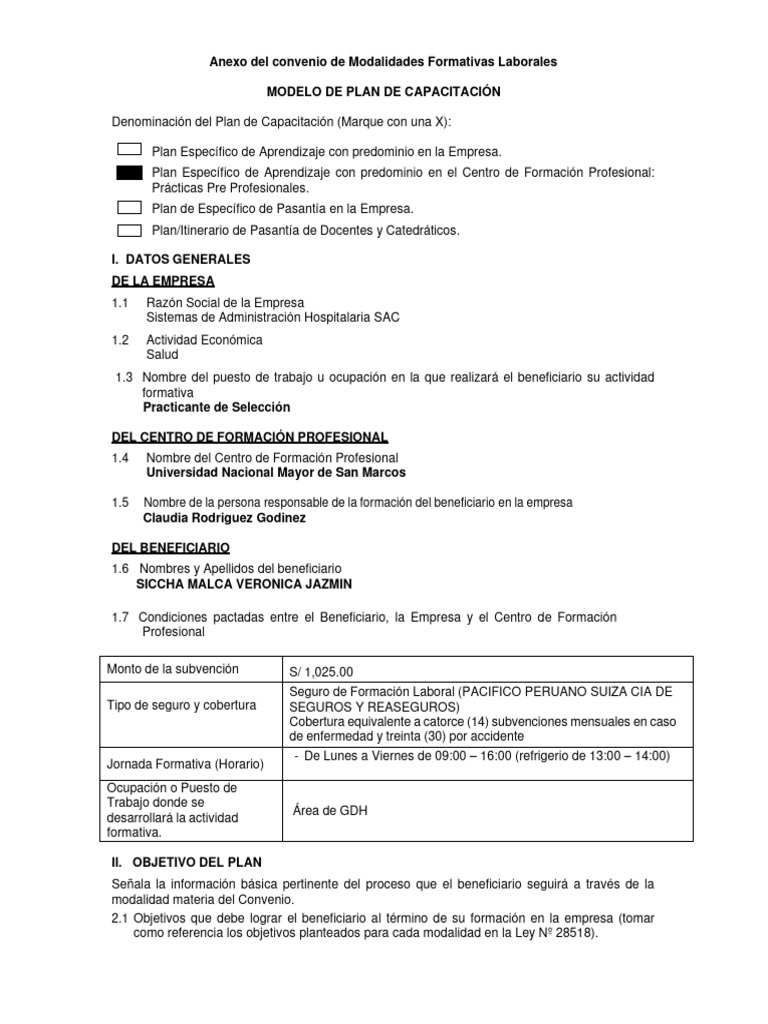 Modelo de Plan de Capacitación Practicas Pre | PDF | Business | Evaluación