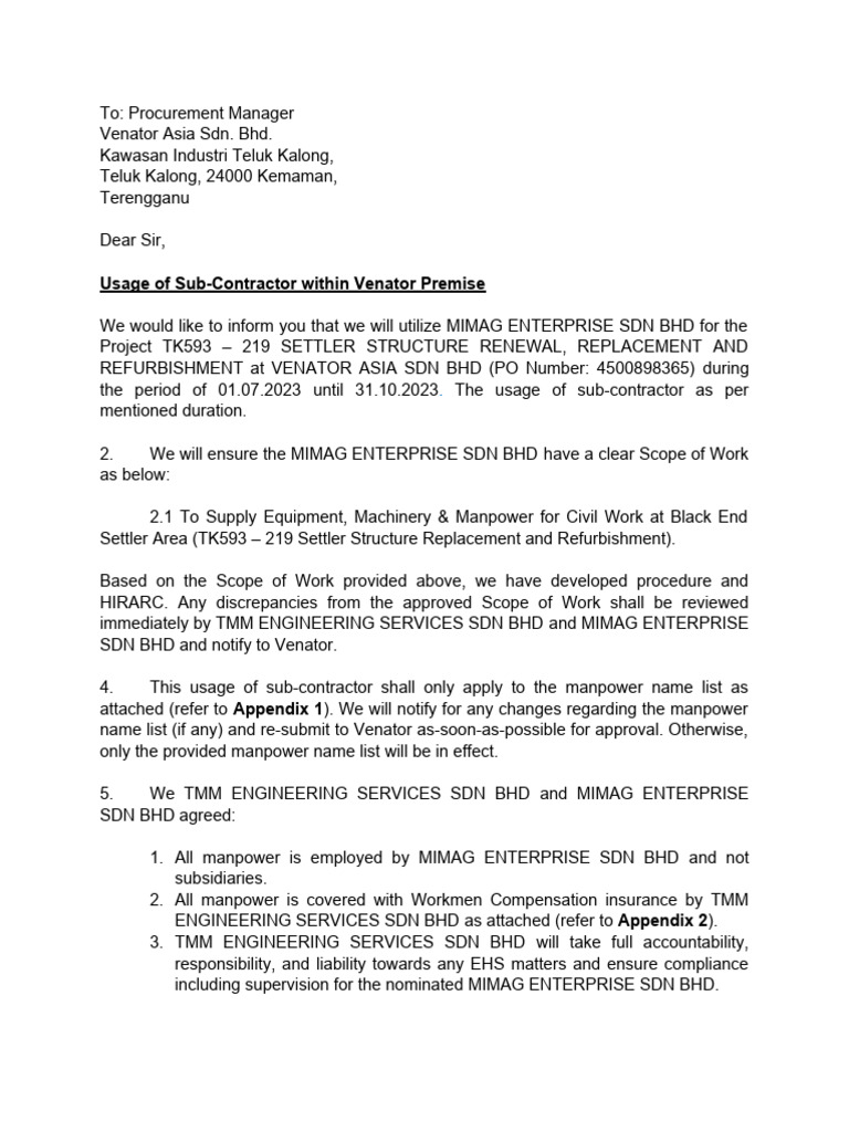 Sub-Cont Declaration - Rev2 - TMM - MIMAG | PDF | Business