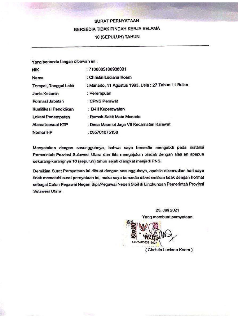 Surat Pernyataan Tidak Pindah Kerja | PDF
