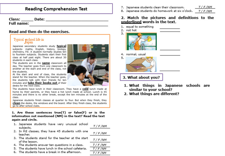 Reading Comprehension Test PDF Classroom Teachers