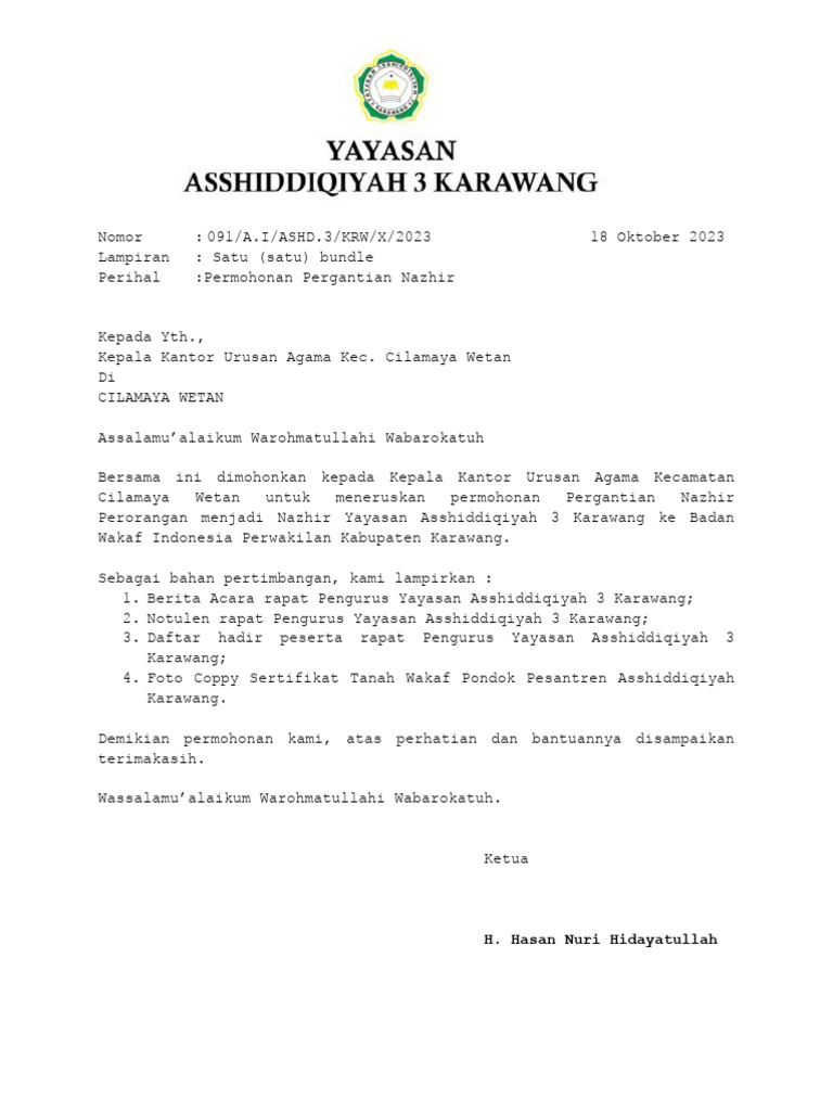 Permohonan pergantian nazhir pdf