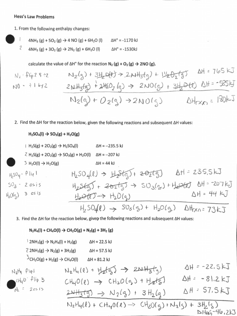 Hesss Law Problems Key PDF