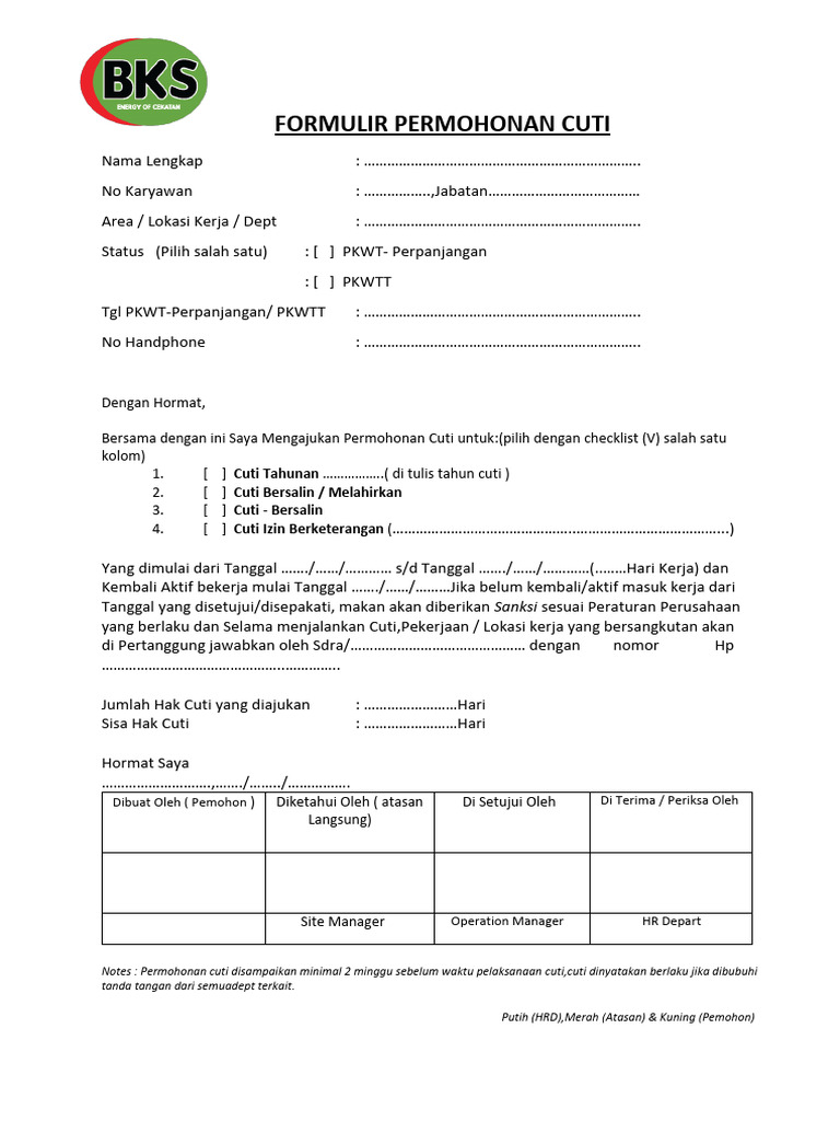 Formulir Permohonan Cuti Bks Pdf