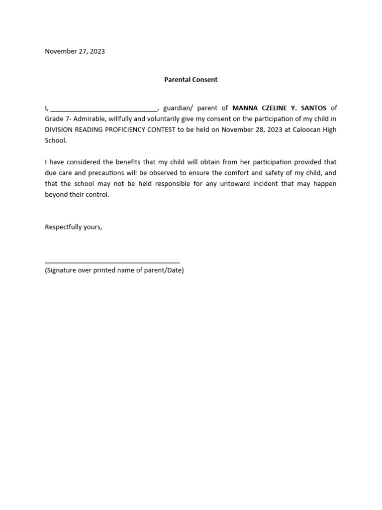 Parental Consent for Reading Contest | PDF | Sports & Recreation | Self ...