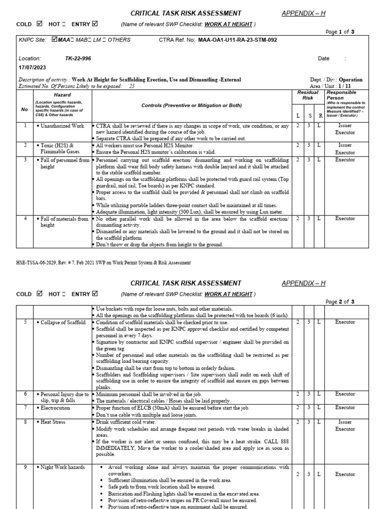 Work at Height Risk Assessment Guide | PDF | Scaffolding | Hazards