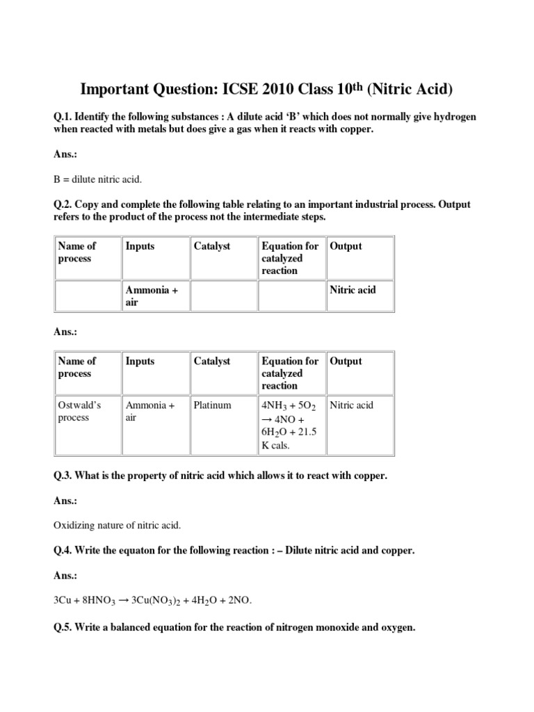 Important Question ICSE 2010 Class 10th Nitric Acid PDF