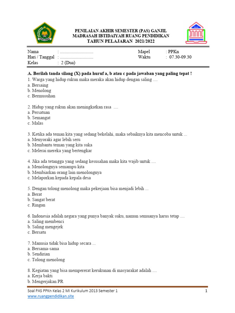 Contoh soal pas ppkn kelas x semester 1 2017